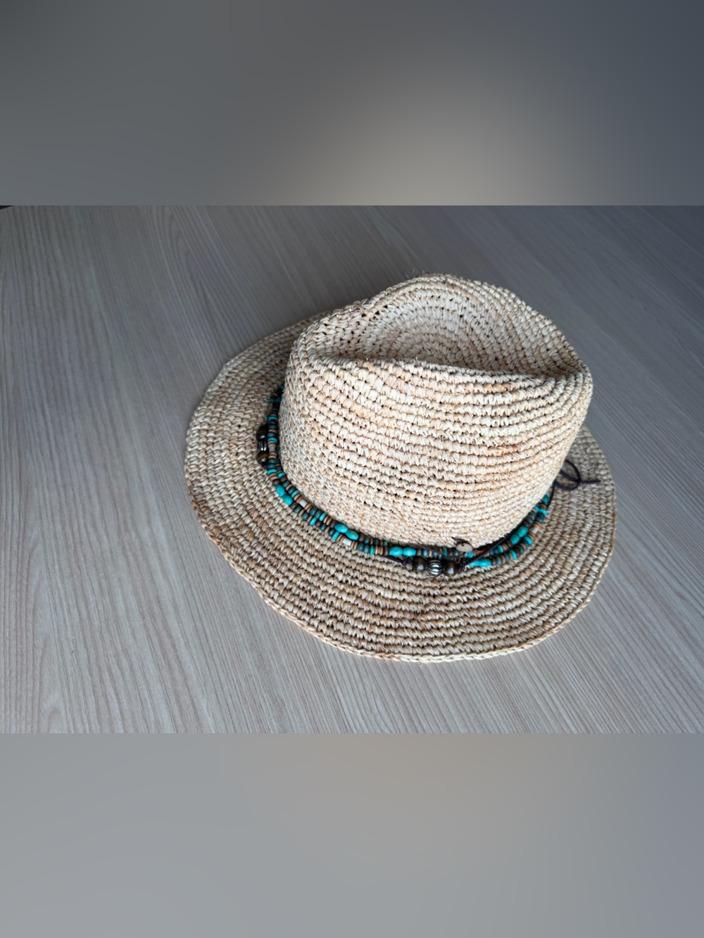 KOORINGAL 100% Raffia Sun Hat w/ Turquoise & Brown Bead 57 CM Bora Bora Safari